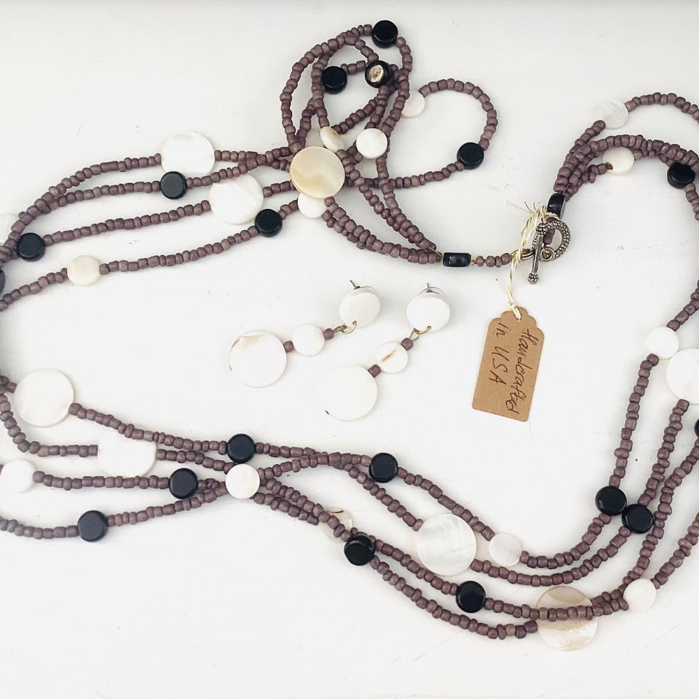 Black White Gray Long Layered Beaded Necklace And Stud Earrings Artisan 2ps Set